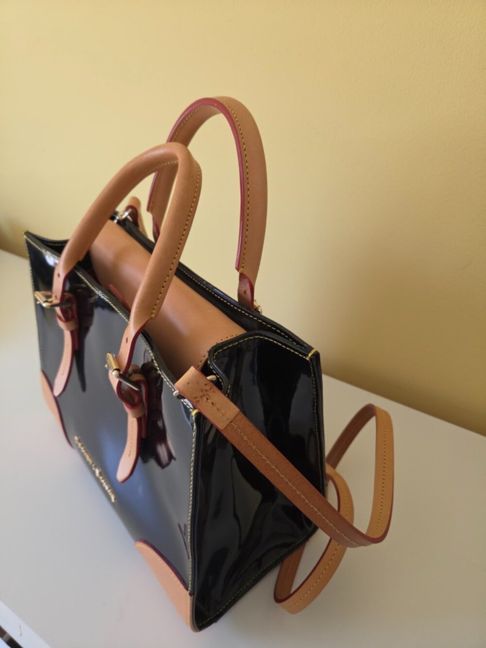 Dooney & Bourke Patent Leather Satchel Crossbody Black Red Interior - Picture 6 of 16
